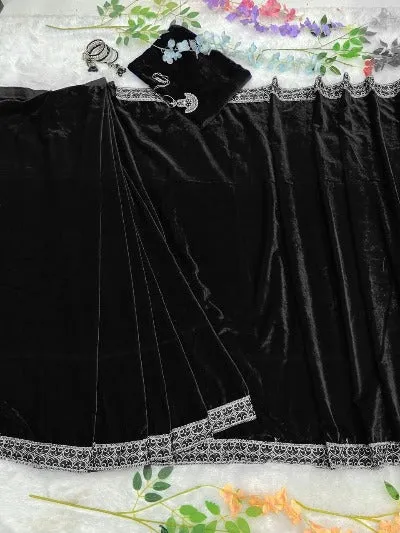 1 Min Black Premium Velvet Stitched Readymade Saree