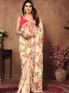 1 Min Cream Colour Floral Georgette Stitched Readymade Saree