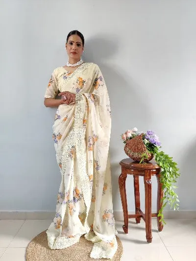 1 Min White Georgette Digital Print Embroidered Readymade Stitched Saree