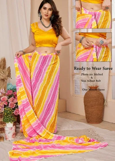 1 Min Yellow Georgette Stitched Readymade Saree