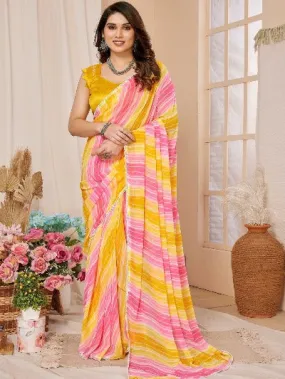 1 Min Yellow Georgette Stitched Readymade Saree