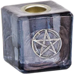 1.25" Mini Glass Candle Holder Cube - Black Pentacle