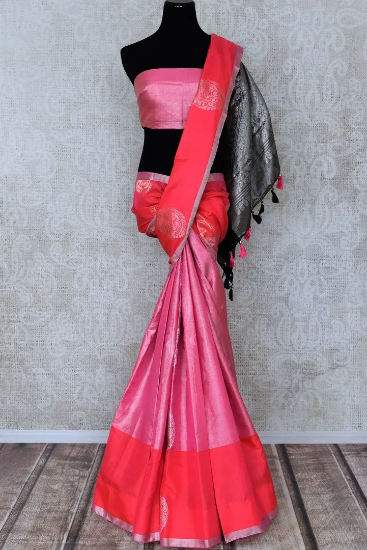 90L256 Pink Kanjivaram Saree with Black Zari Pallu