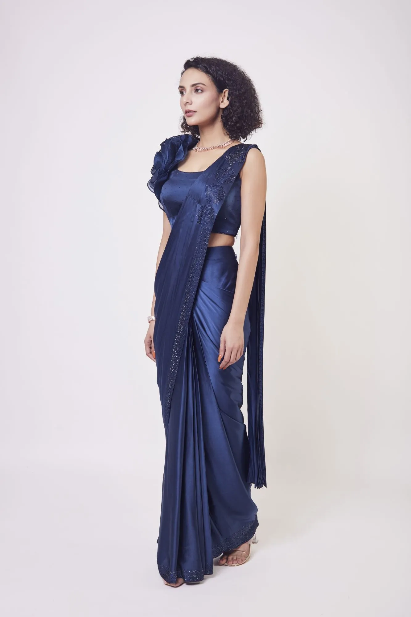 90Z958-RO Navy Blue Pre Stiched Drape Saree With Designer Blouse