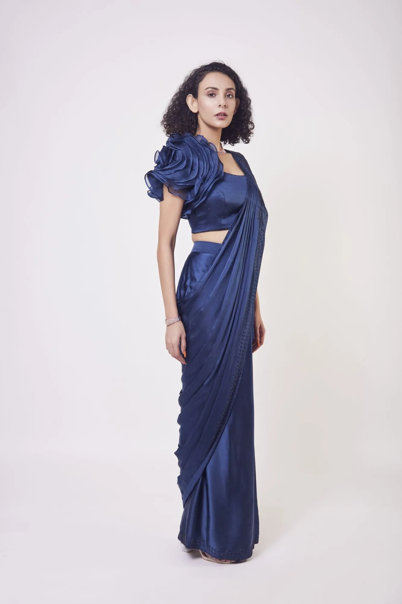 90Z958-RO Navy Blue Pre Stiched Drape Saree With Designer Blouse