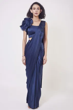 90Z958-RO Navy Blue Pre Stiched Drape Saree With Designer Blouse