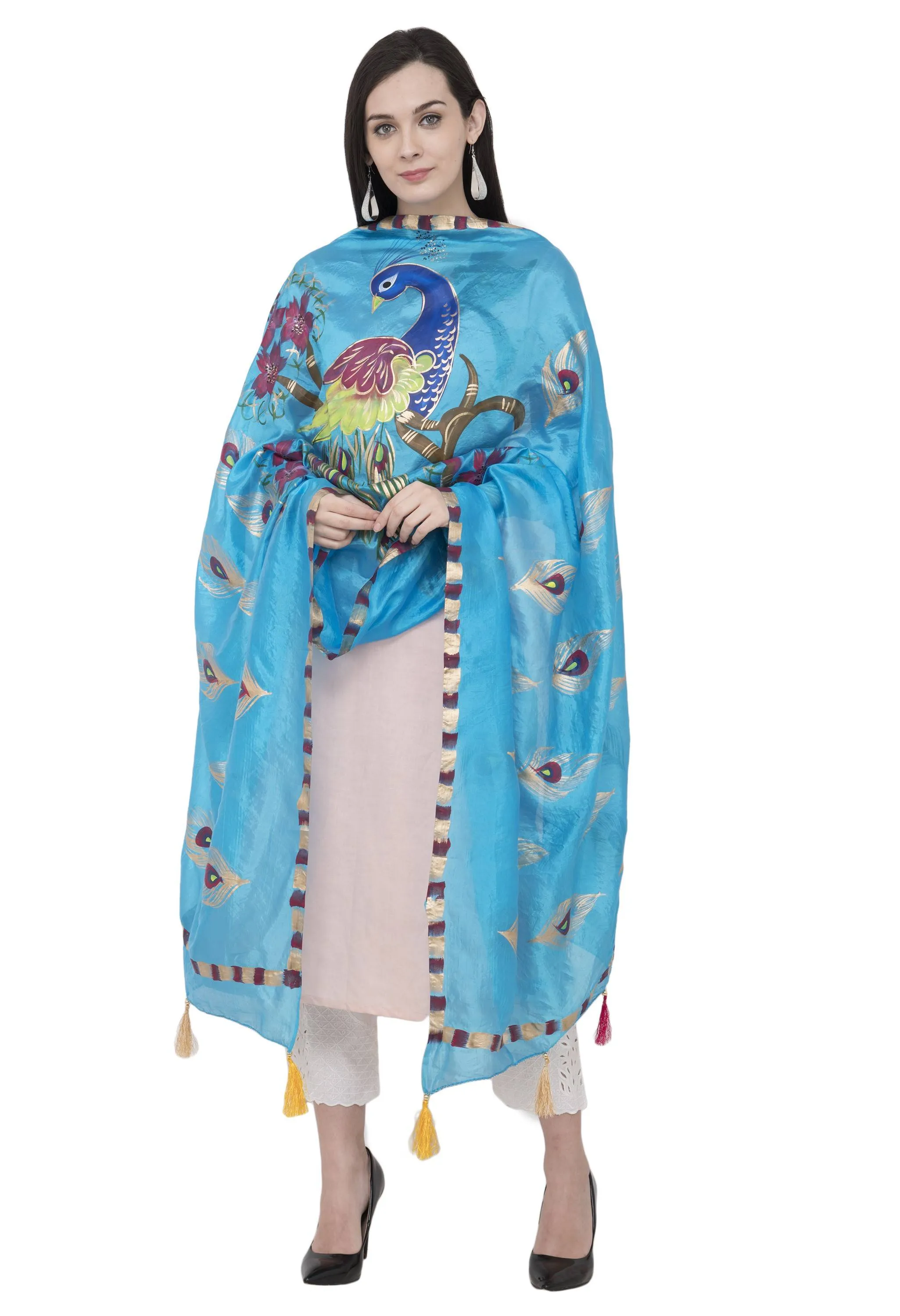 A R Silk Silk Peacock Multi Fancy Dupatta Color Firozi Dupatta or Chunni