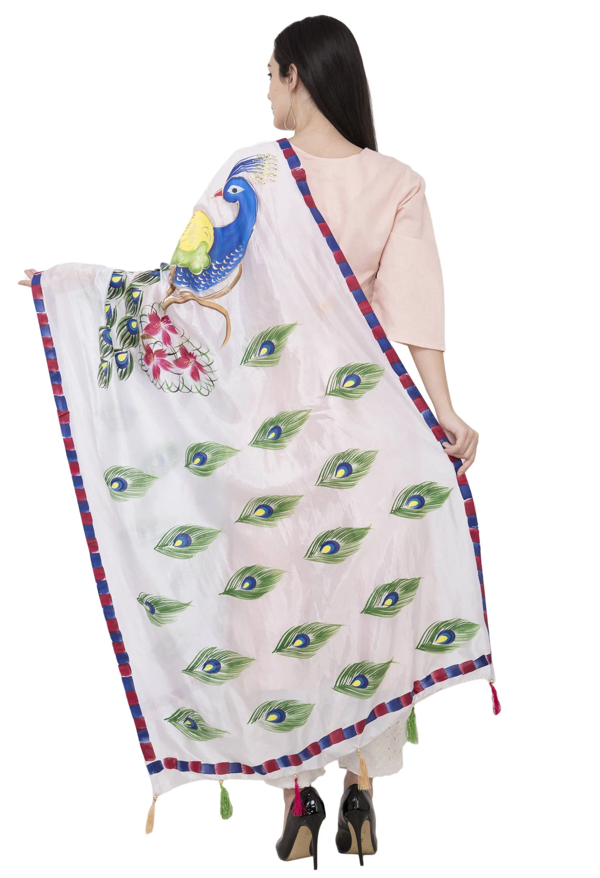 A R Silk Silk Peacock Multi Fancy Dupatta Color White Dupatta or Chunni