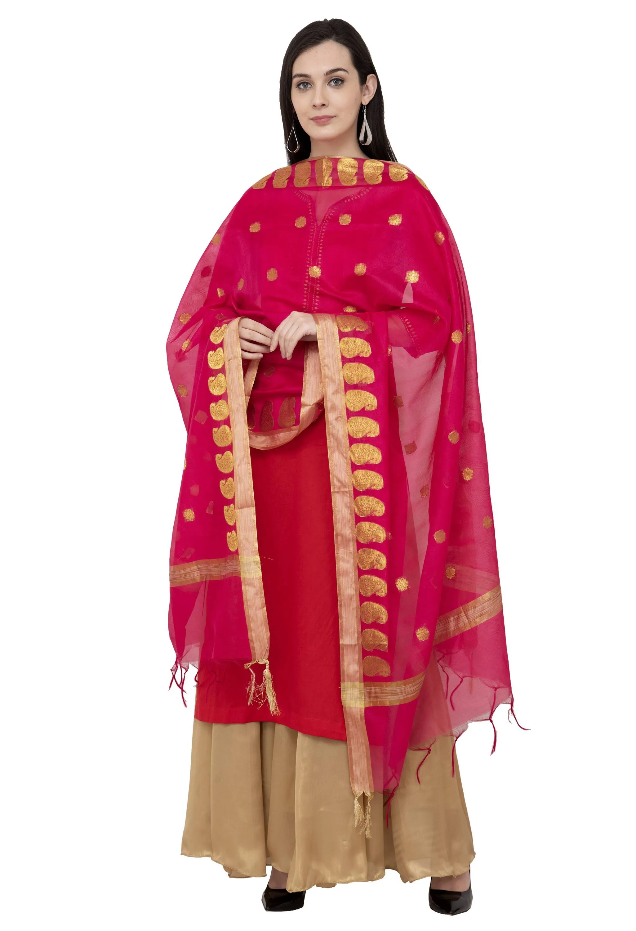 A R Silk VNS Ambi Booti Fancy Dupatta Color Rani Dupatta or Chunni