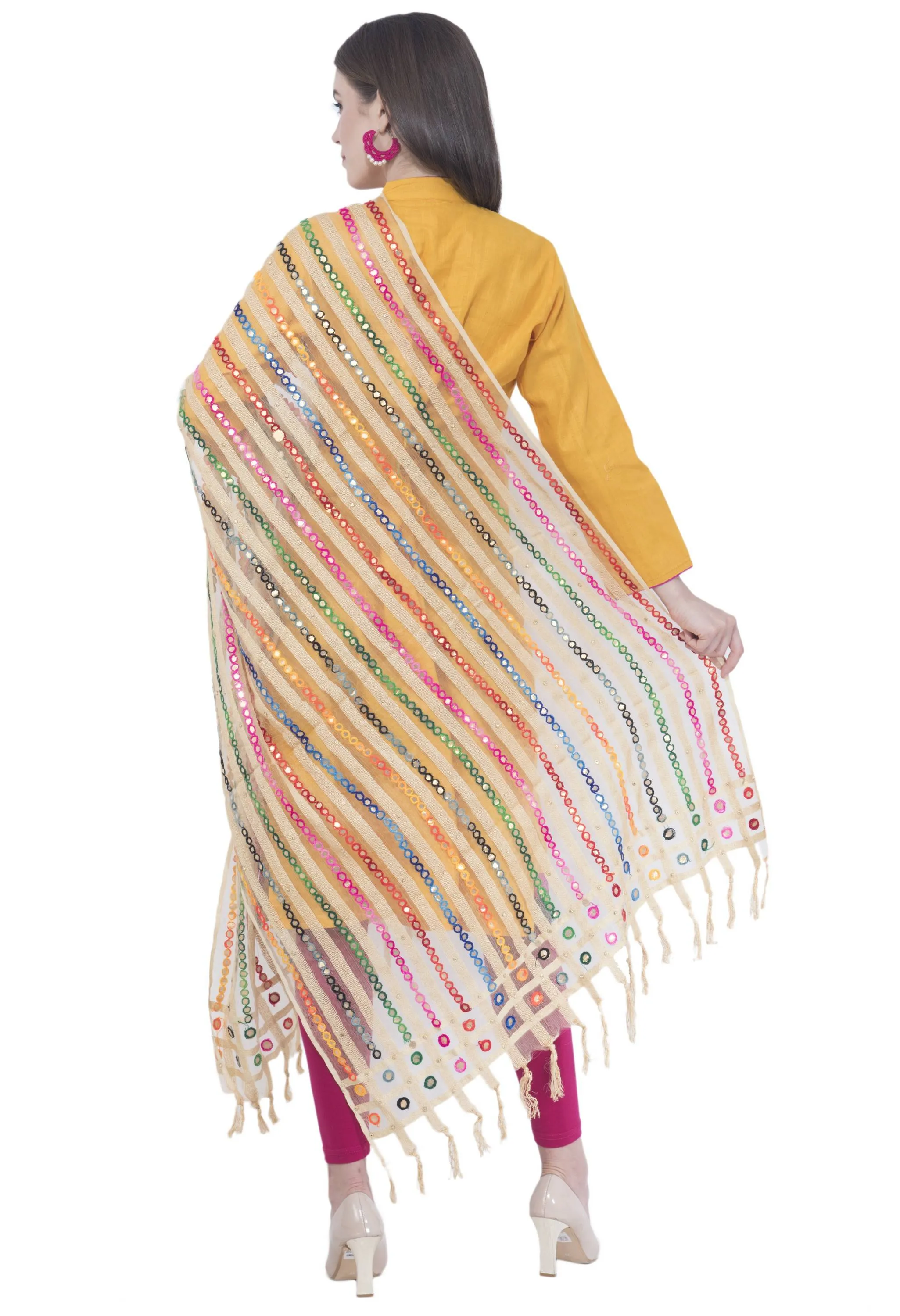 A R SILK White Color Multi Stripe Dupattas and Chunnis