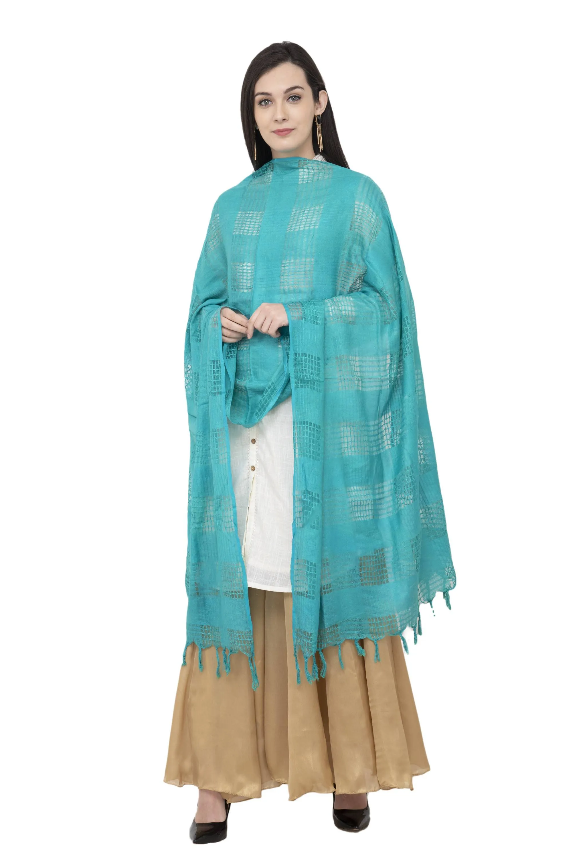 A R SILK Window Square Regular Dupatta Rama Green Color Dupatta or Chunni