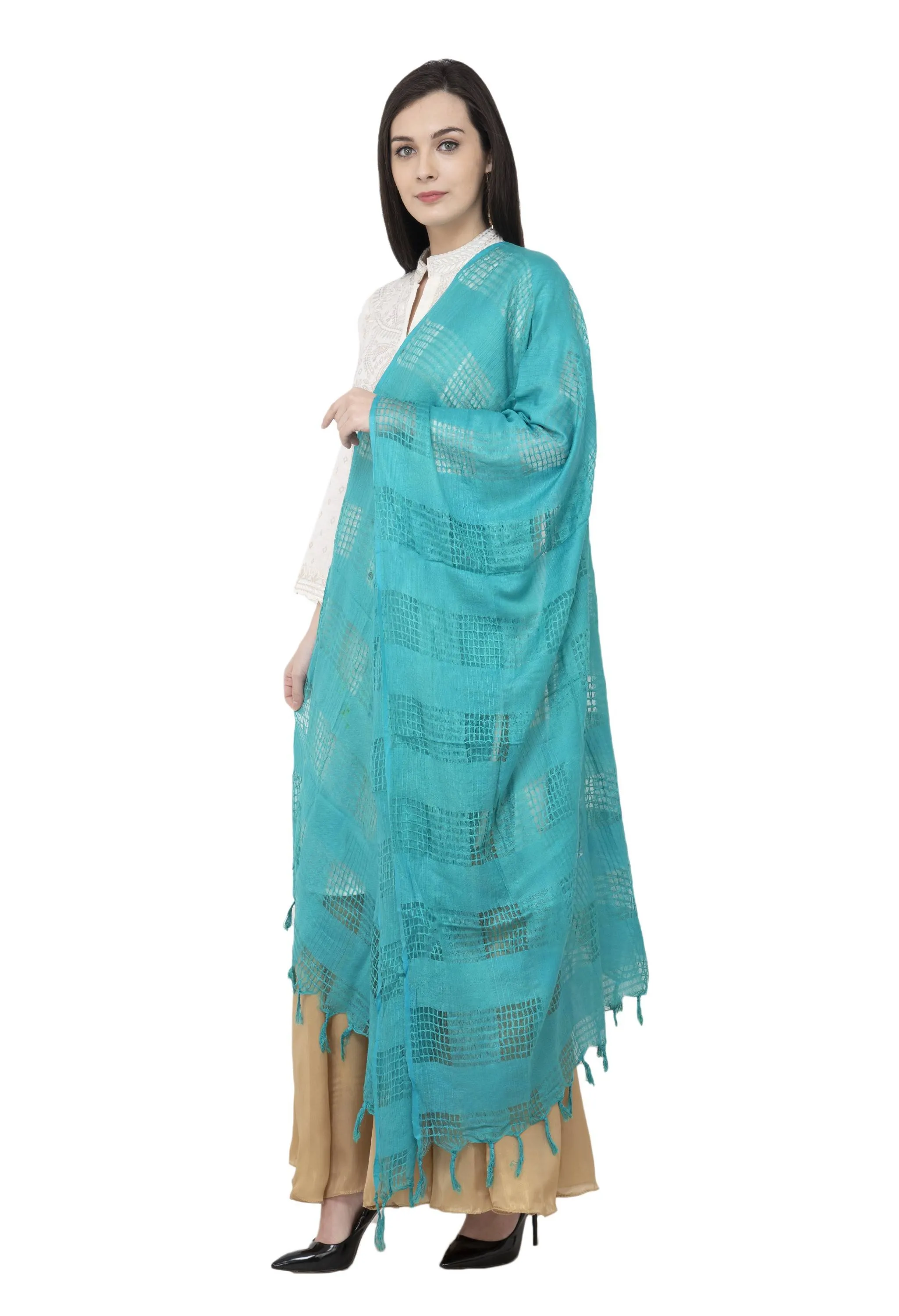 A R SILK Window Square Regular Dupatta Rama Green Color Dupatta or Chunni