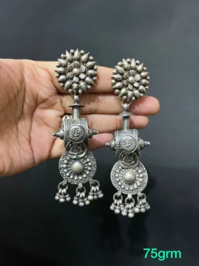 Antique Sun God 925 Sterling Silver Flower Design Dangle Earrings, Vintage Tribal Handmade Jewelry, Nickel-Free