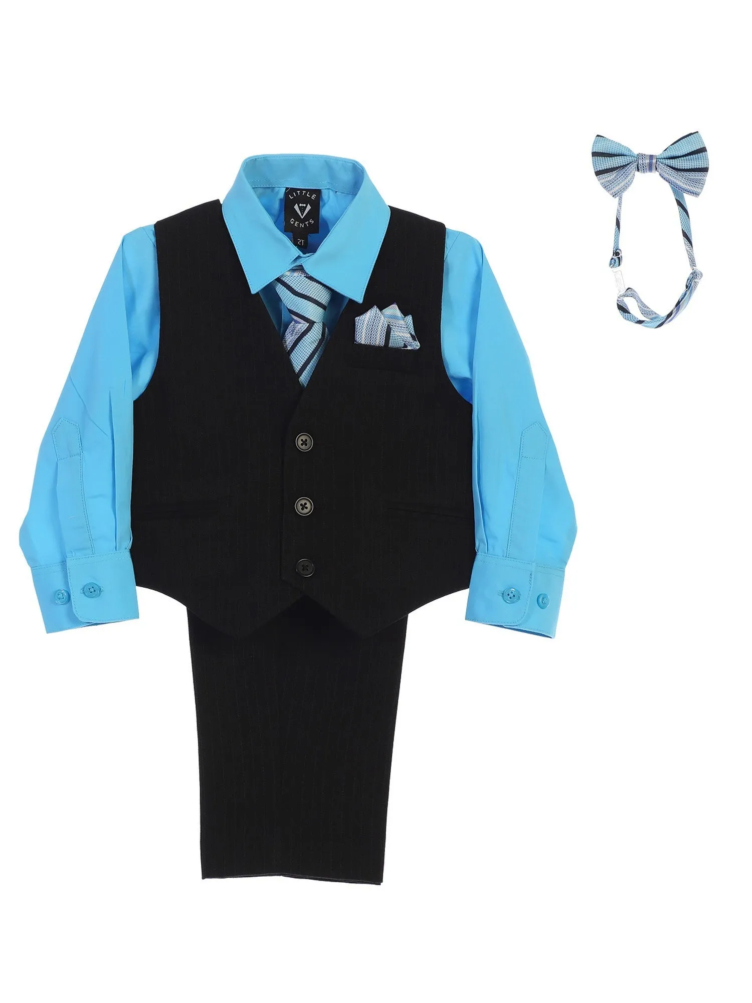 Baby Boys Aqua Shirt Zipper Tie Bow Tie Pinstripe Vest Pant Set 6-24M