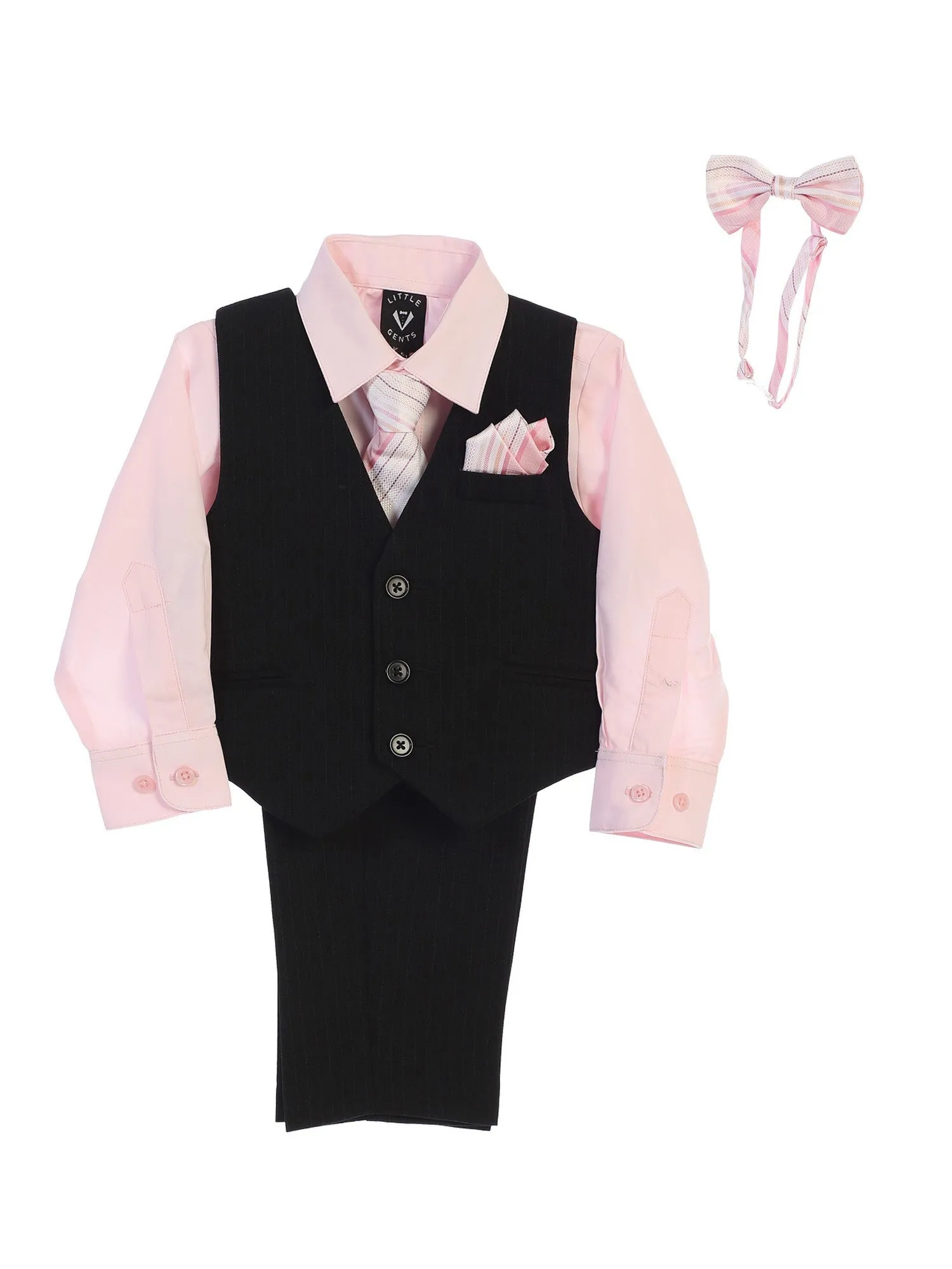 Baby Boys Pink Shirt Zipper Tie Bow Tie Pinstripe Vest Pant Set 6-24M