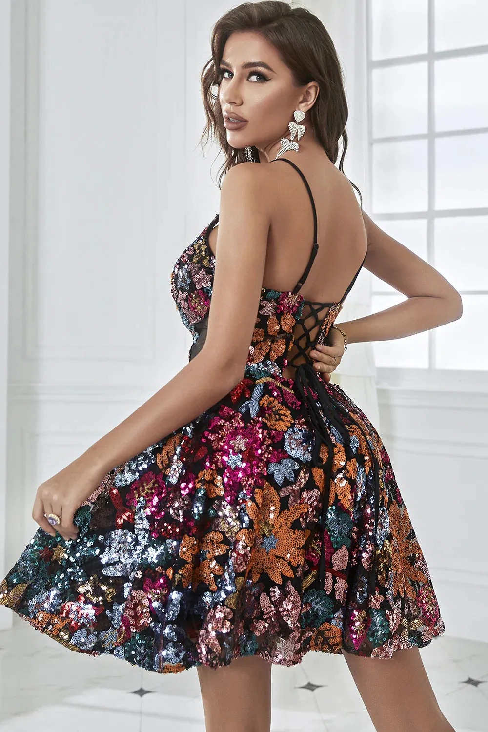 Backless Mesh Panel Floral Print Party Dress