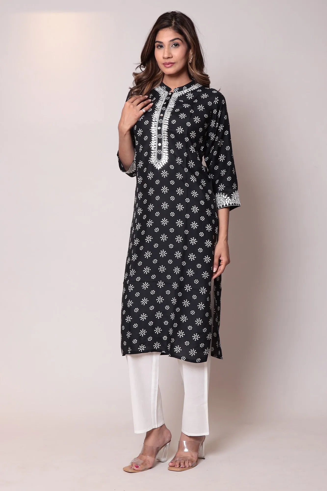 Bandhej Chanderi Straight Kurta with Thread work.