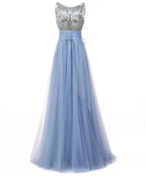 blue prom dress, long prom dress, tulle prom gown, beaded prom dress, popular evening dress, BD154