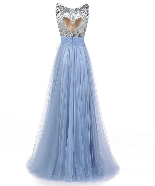 blue prom dress, long prom dress, tulle prom gown, beaded prom dress, popular evening dress, BD154