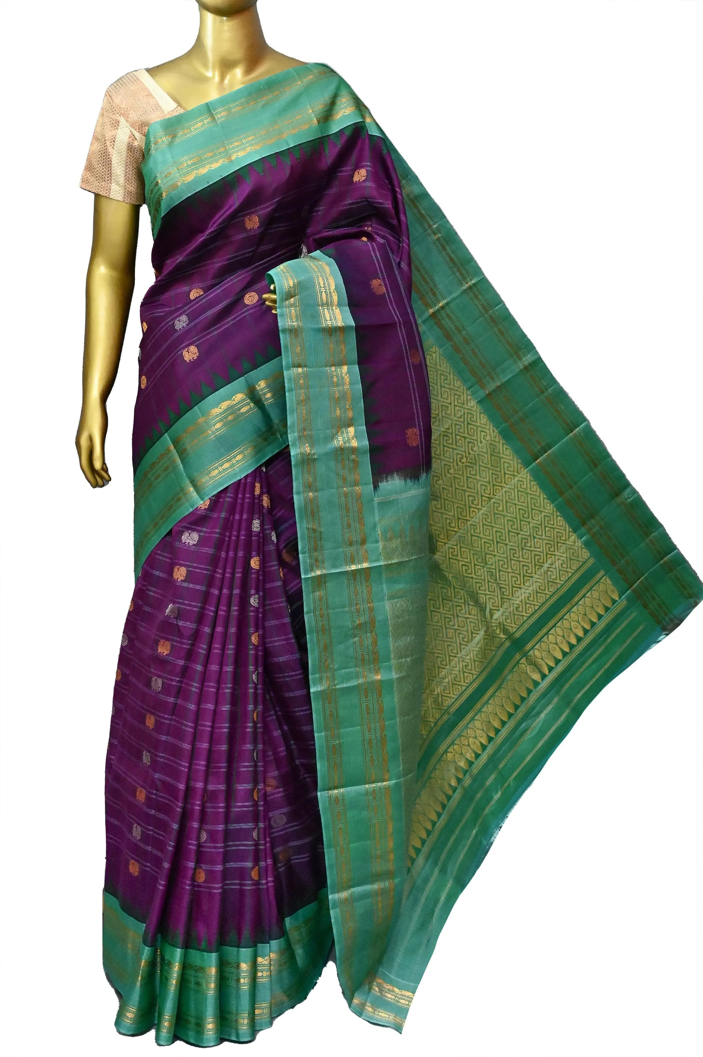 Brinjal Color Pure Gadwal Silk Saree with Temple Border and Golden and Silver Zari Work