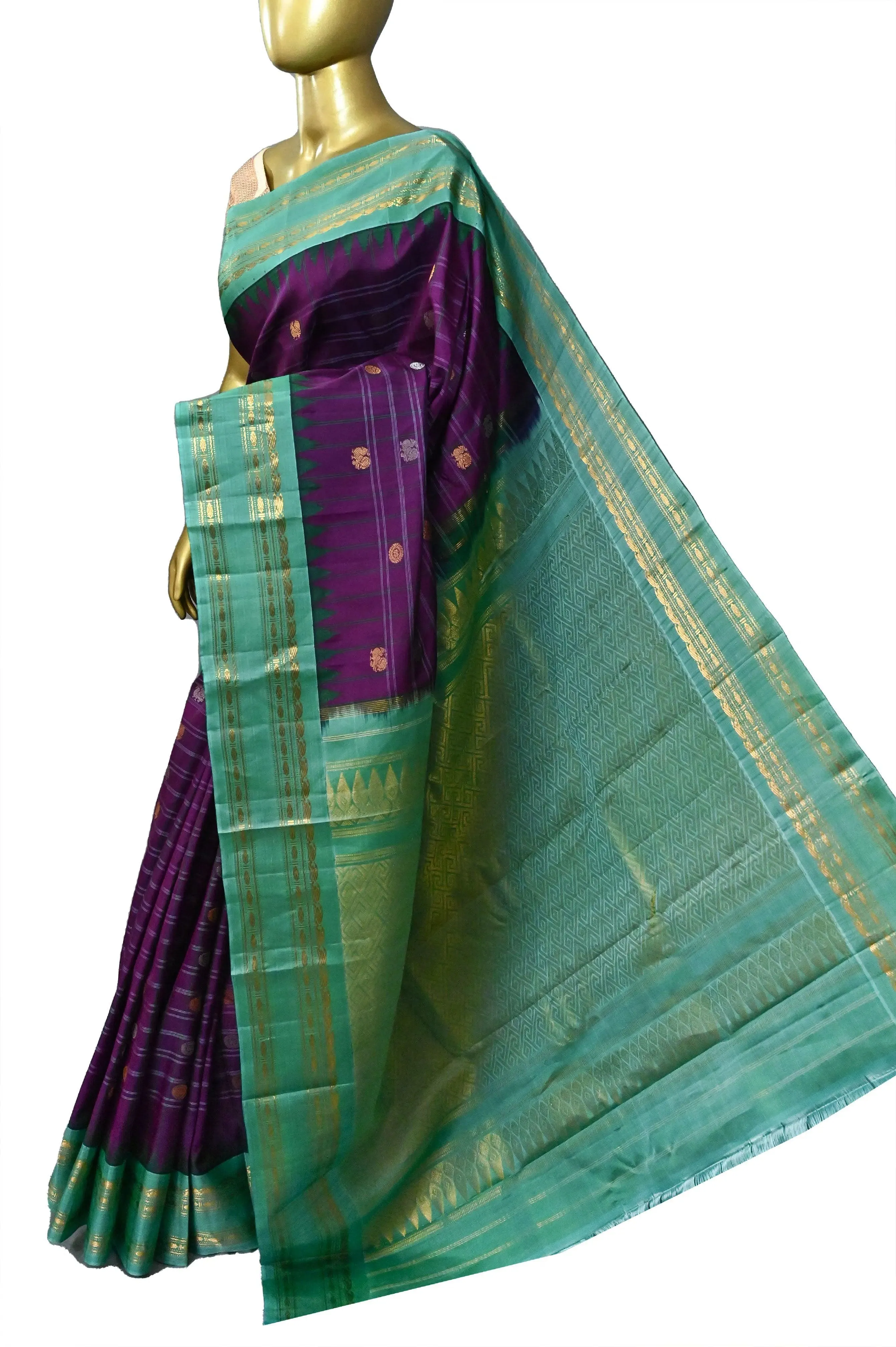 Brinjal Color Pure Gadwal Silk Saree with Temple Border and Golden and Silver Zari Work