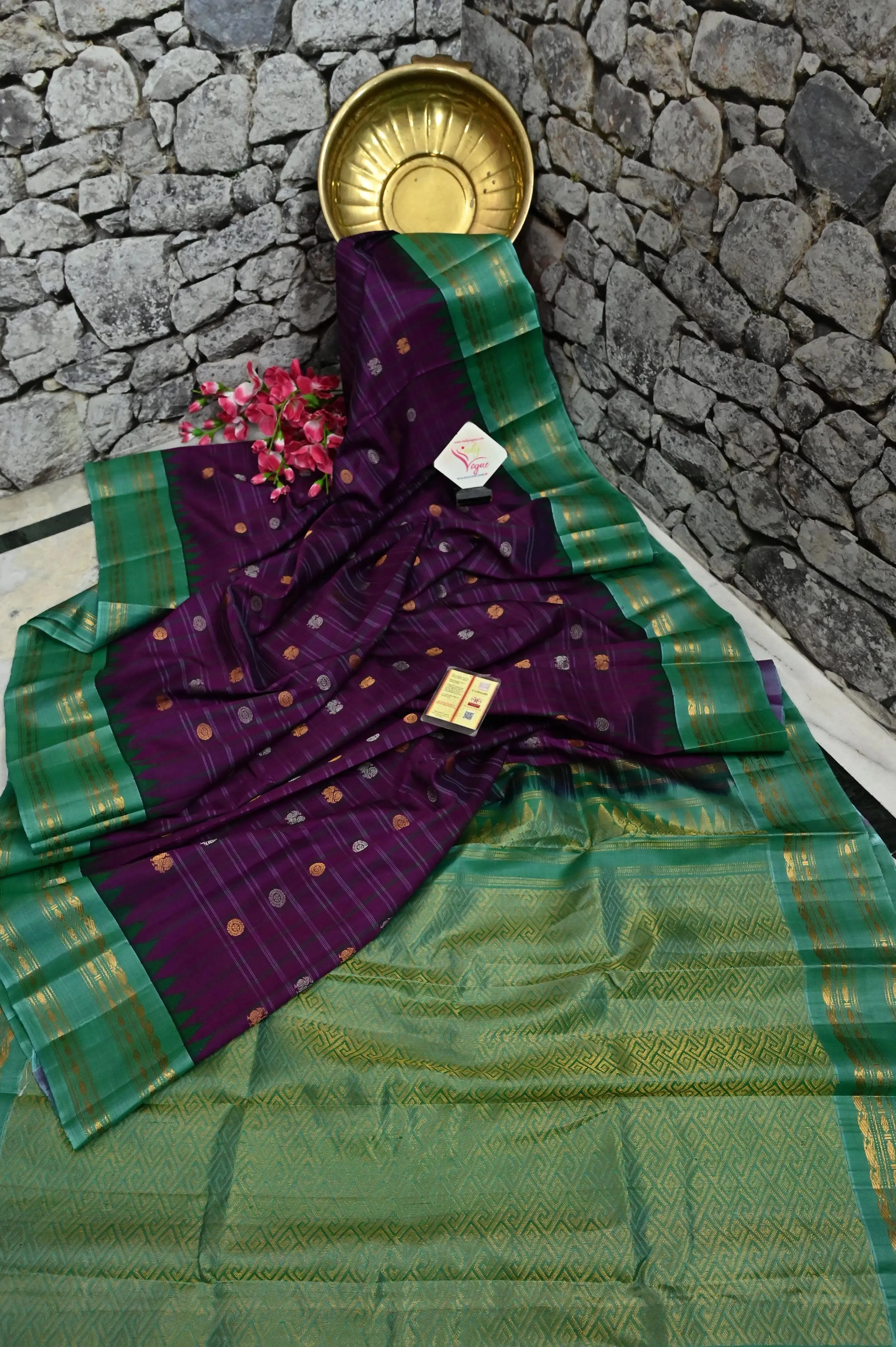 Brinjal Color Pure Gadwal Silk Saree with Temple Border and Golden and Silver Zari Work