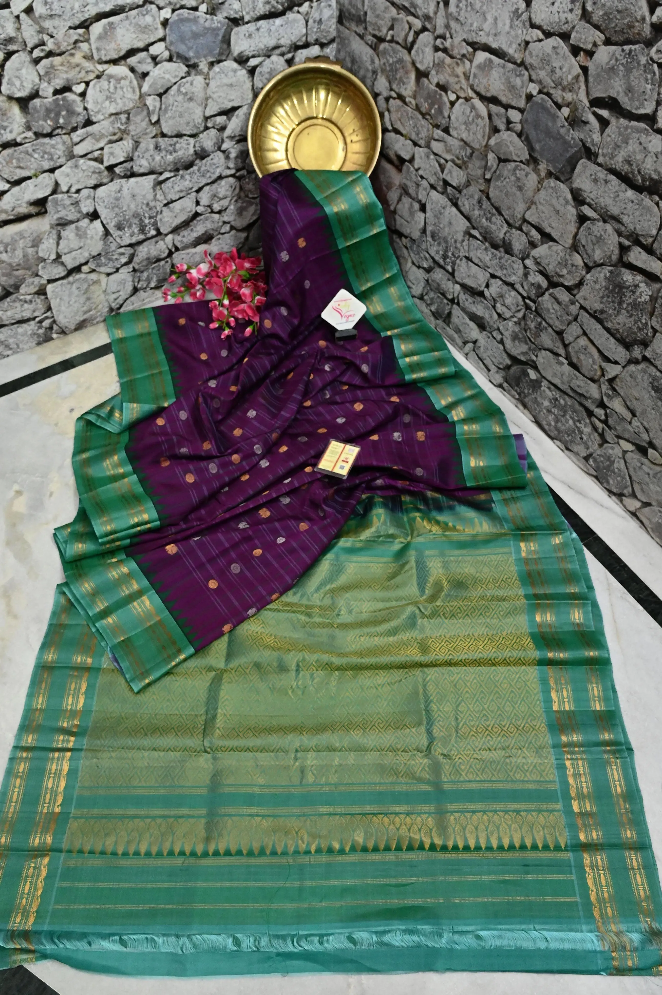 Brinjal Color Pure Gadwal Silk Saree with Temple Border and Golden and Silver Zari Work