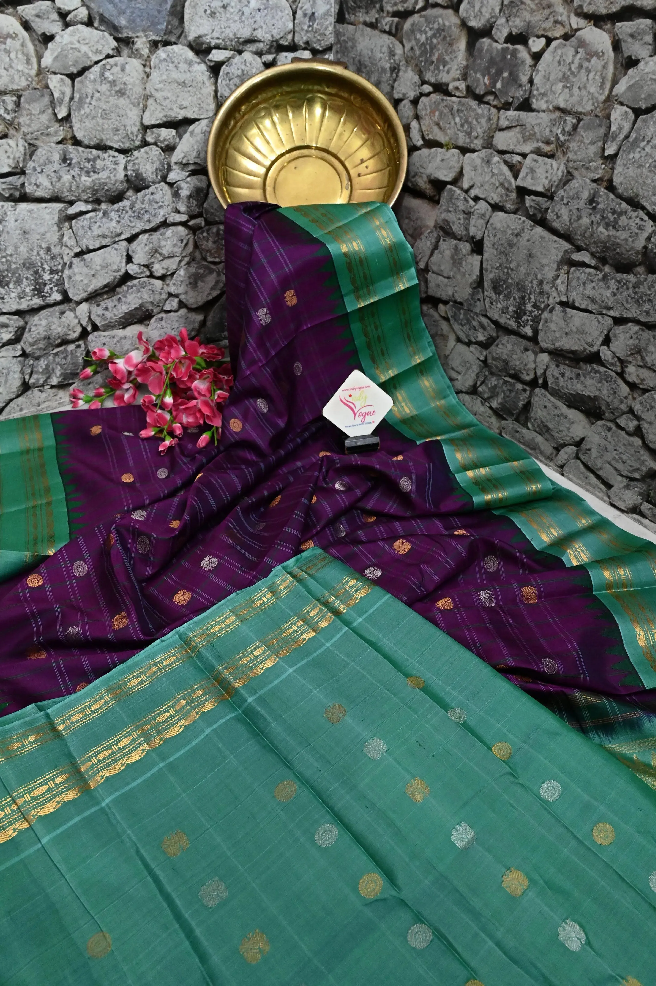 Brinjal Color Pure Gadwal Silk Saree with Temple Border and Golden and Silver Zari Work