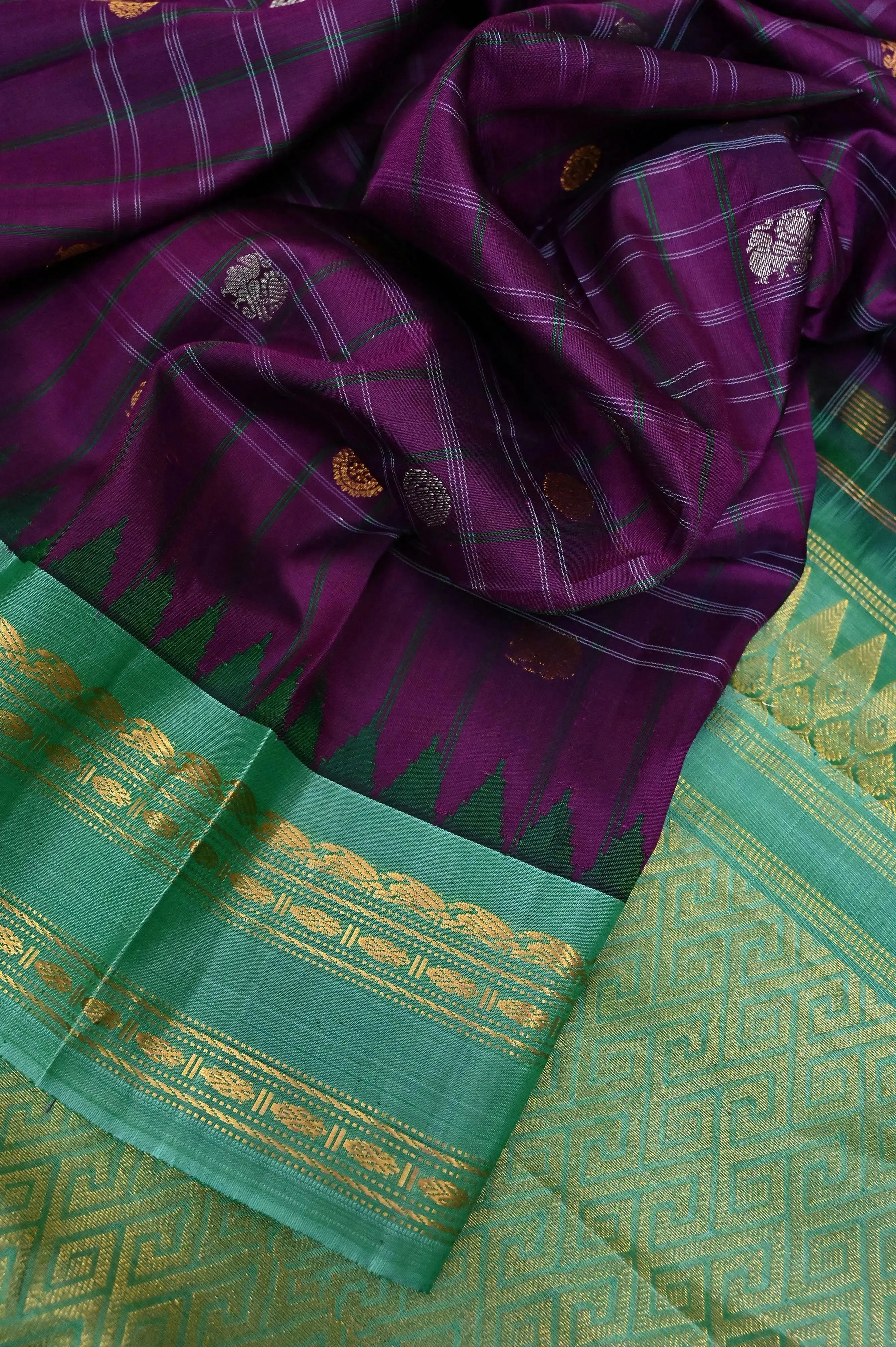 Brinjal Color Pure Gadwal Silk Saree with Temple Border and Golden and Silver Zari Work