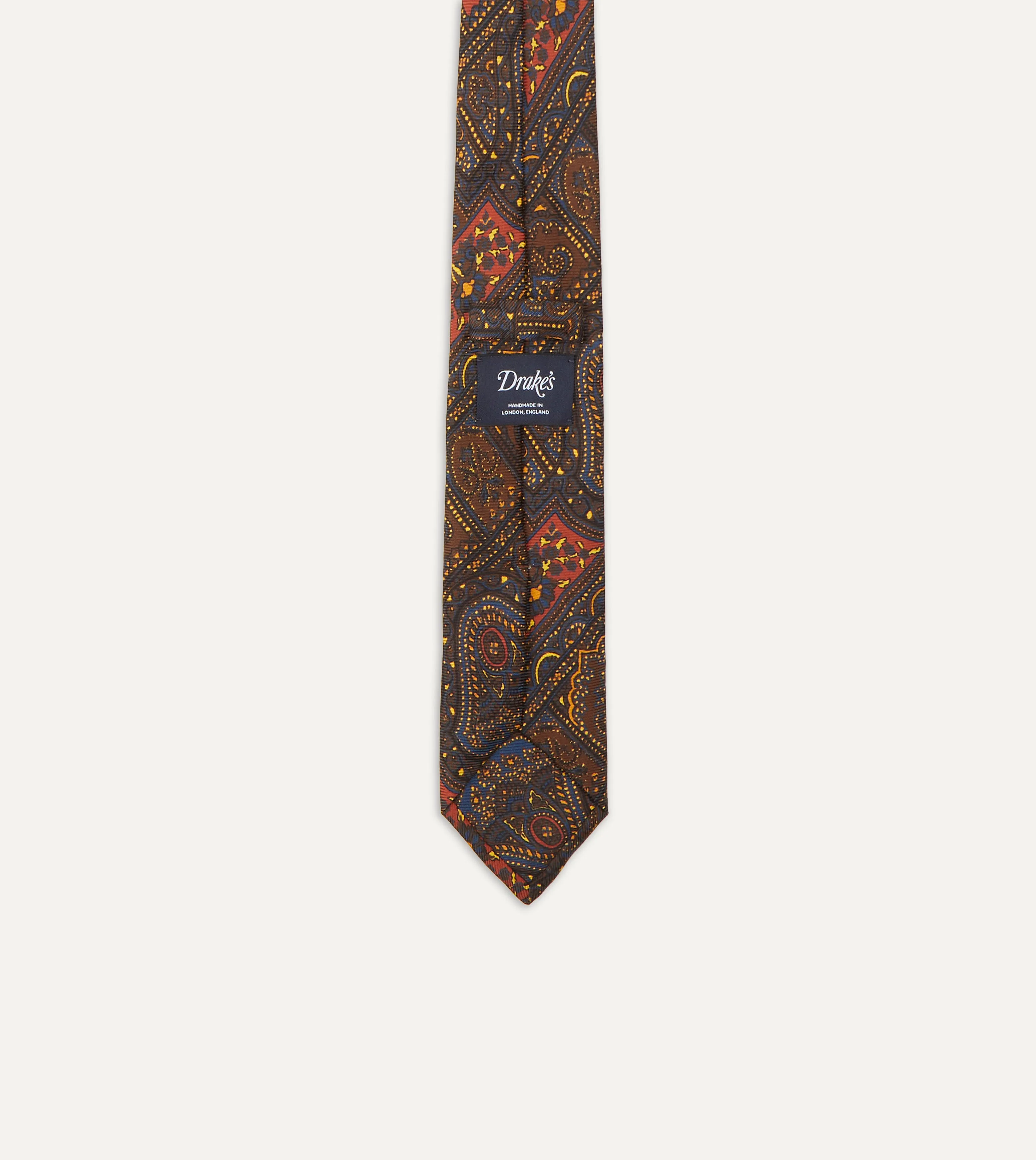 Brown, Navy and Red Paisley Print Madder Twill Silk Tie