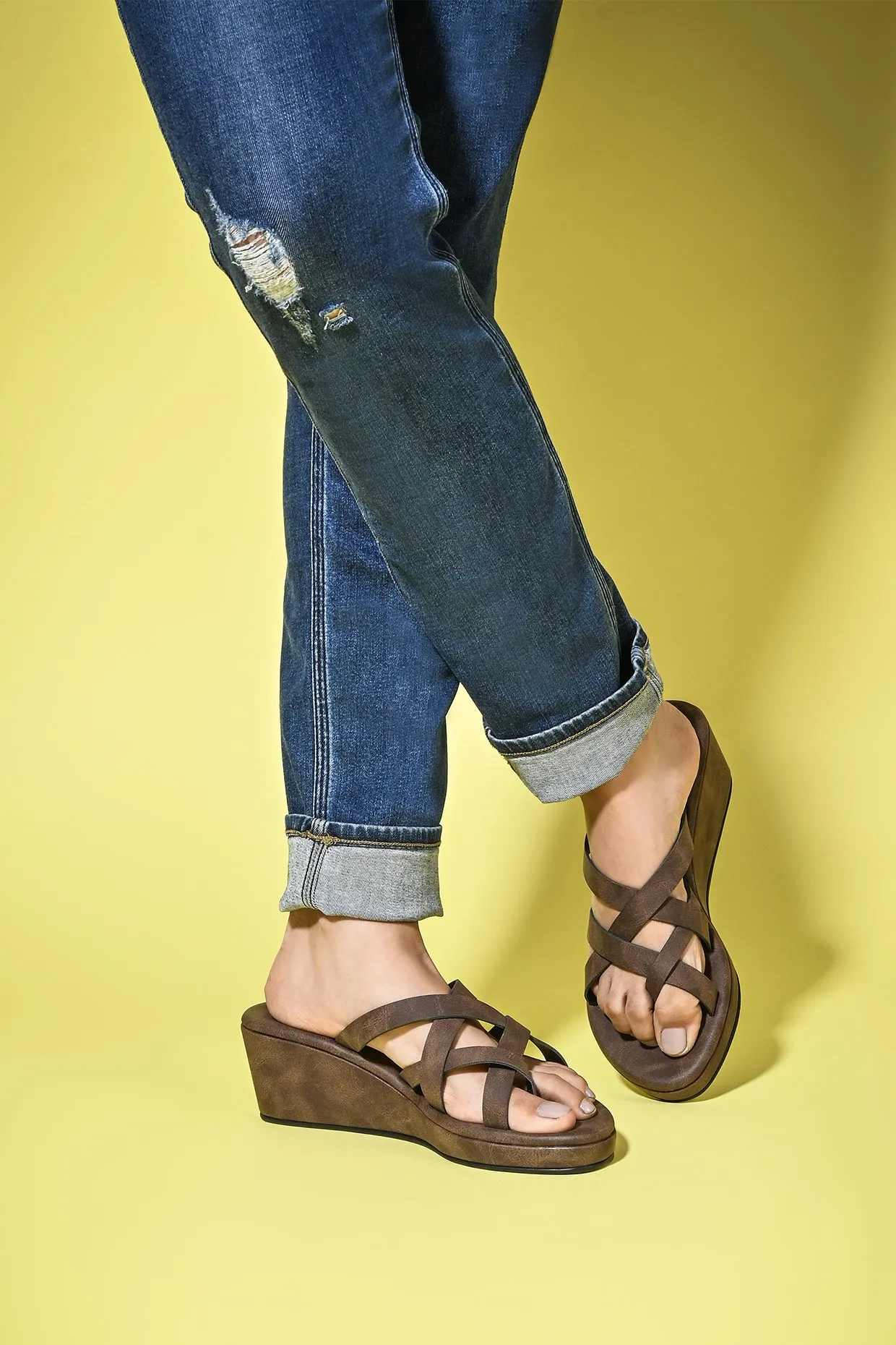 Brown Strappy Wedges For Women