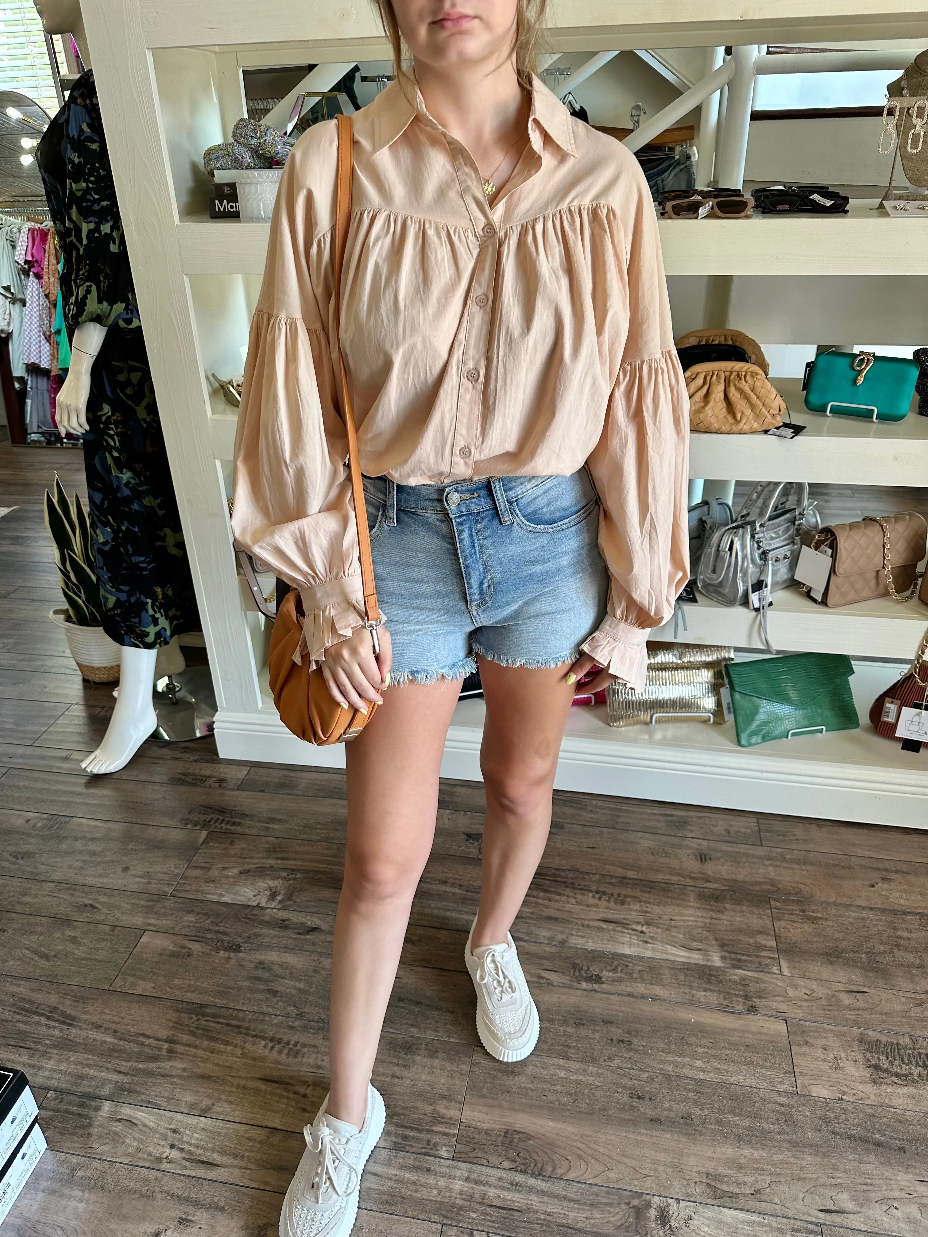 Button Down Balloon Sleeve Blouse