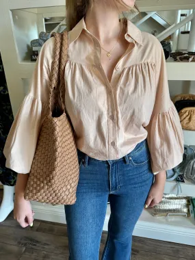 Button Down Balloon Sleeve Blouse