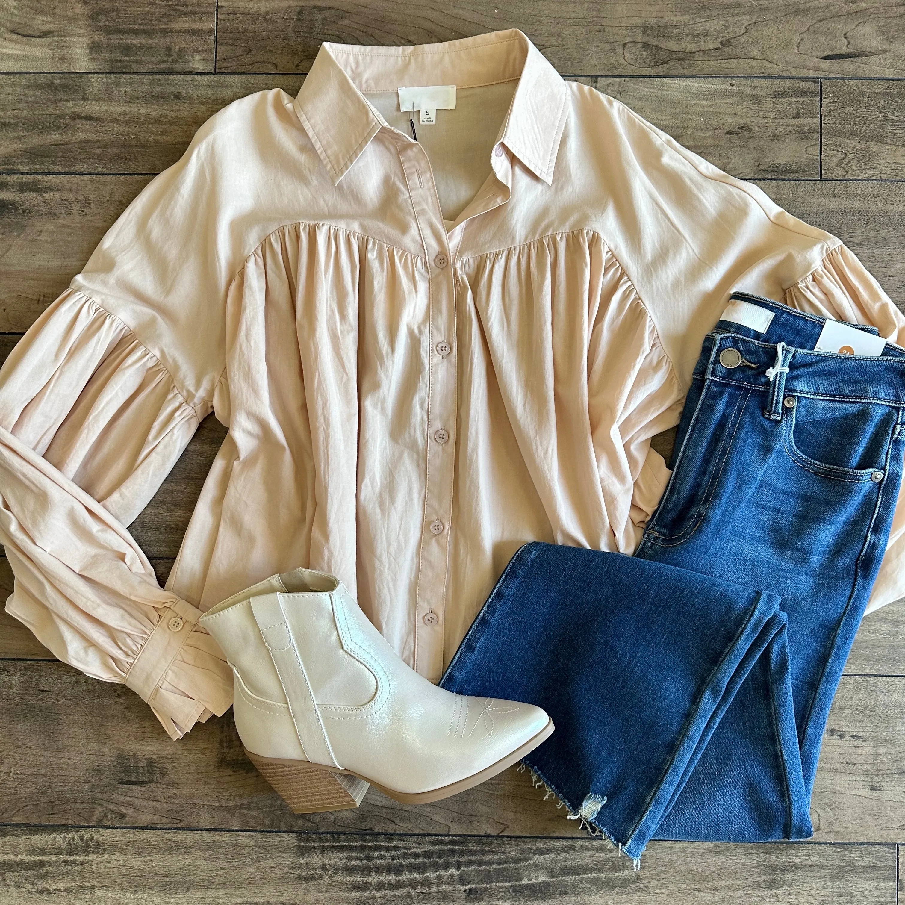 Button Down Balloon Sleeve Blouse