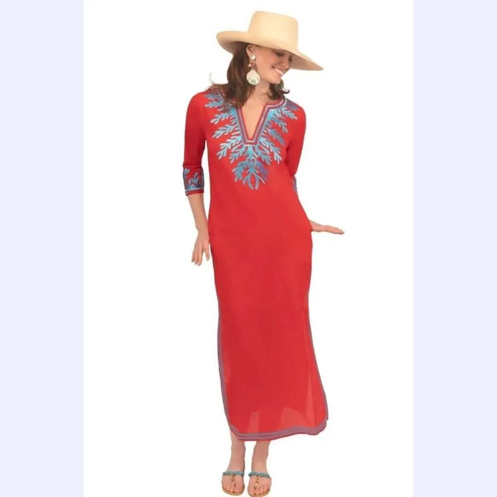 Coral Embroidered Caftan