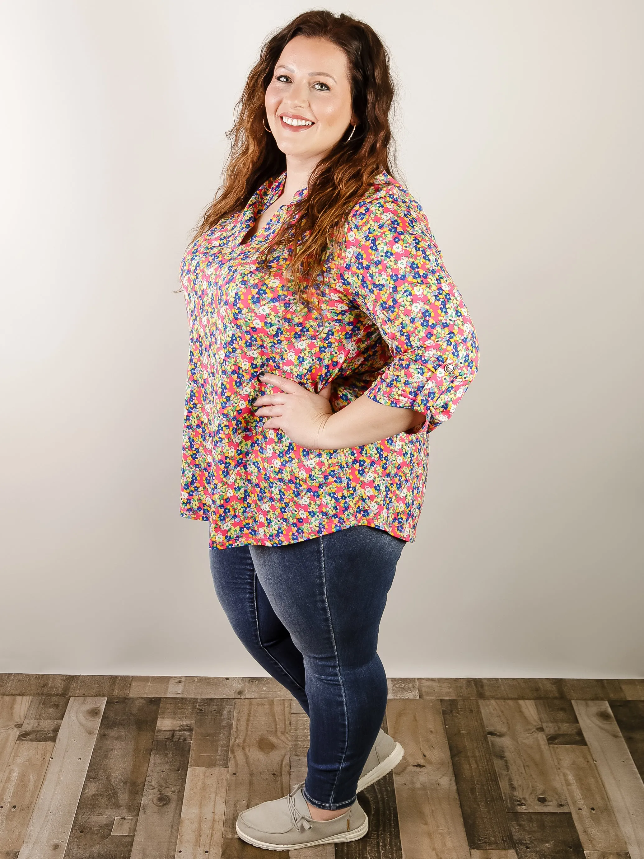 Curvy Hot Pink Floral Wrinkle Free 3/4 Sleeve Top