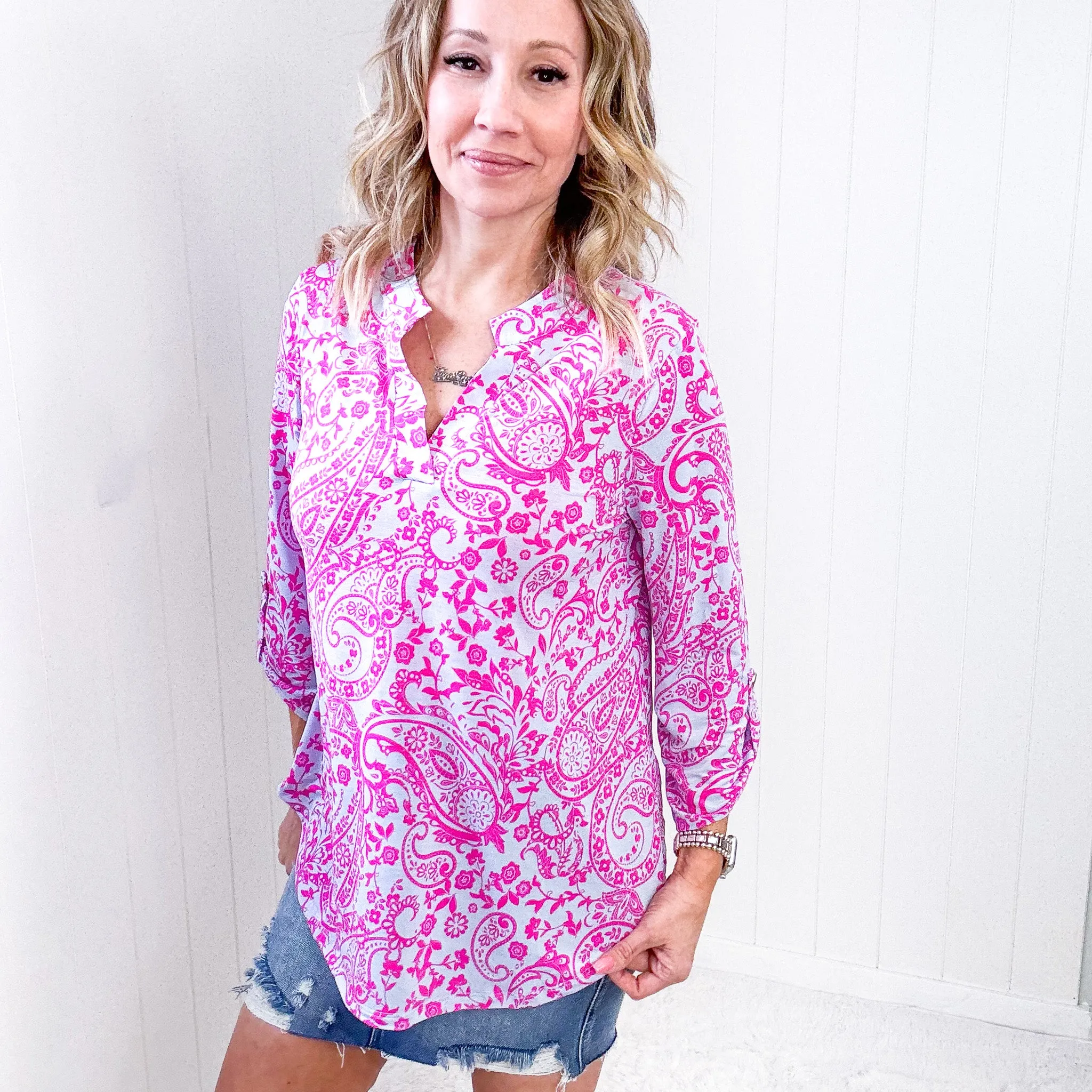 Dear Scarlett Lizzy Top in Blue and Pink Paisley