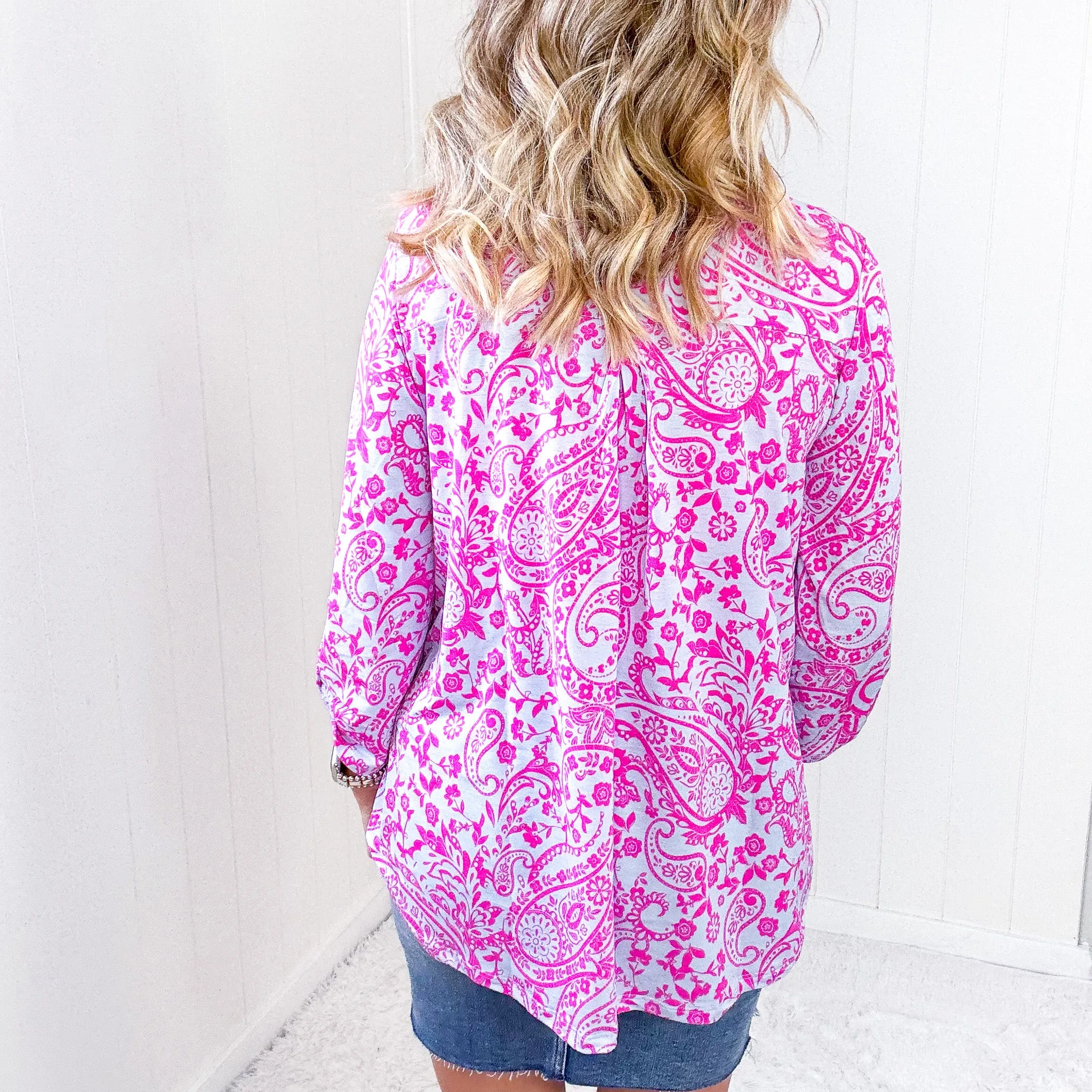 Dear Scarlett Lizzy Top in Blue and Pink Paisley