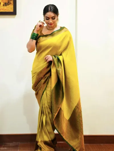 Designer Yellow Green Kanchipuram Silk Saree for Women