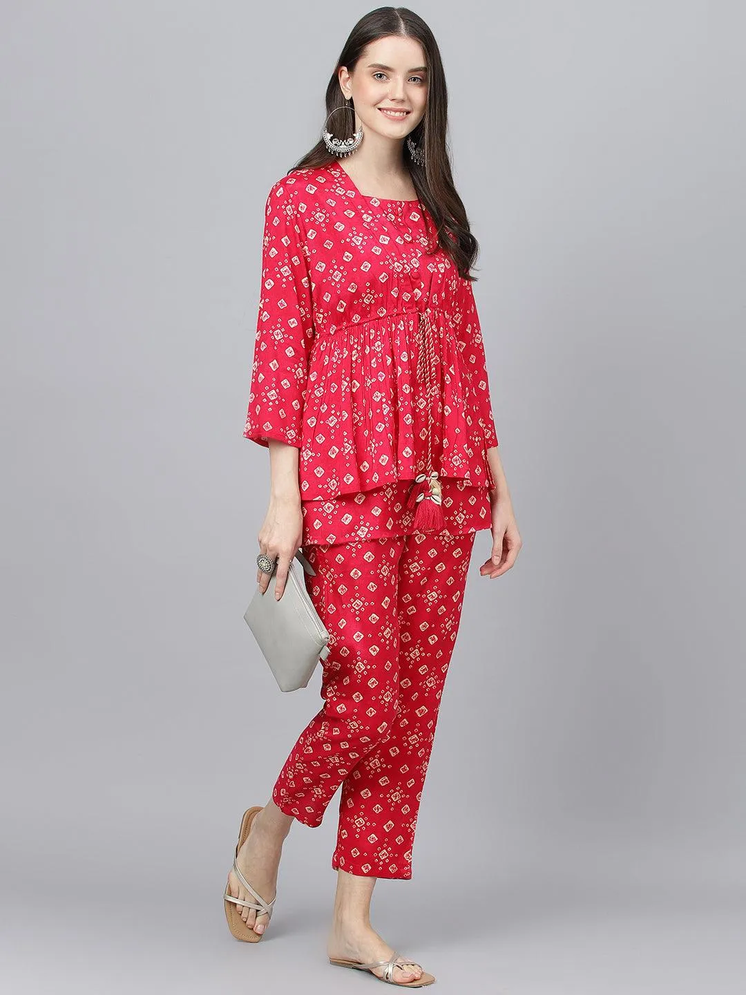 Divena Bandhani Megenta Muslin Three Piece Top Pant Set with Peplum Jecket