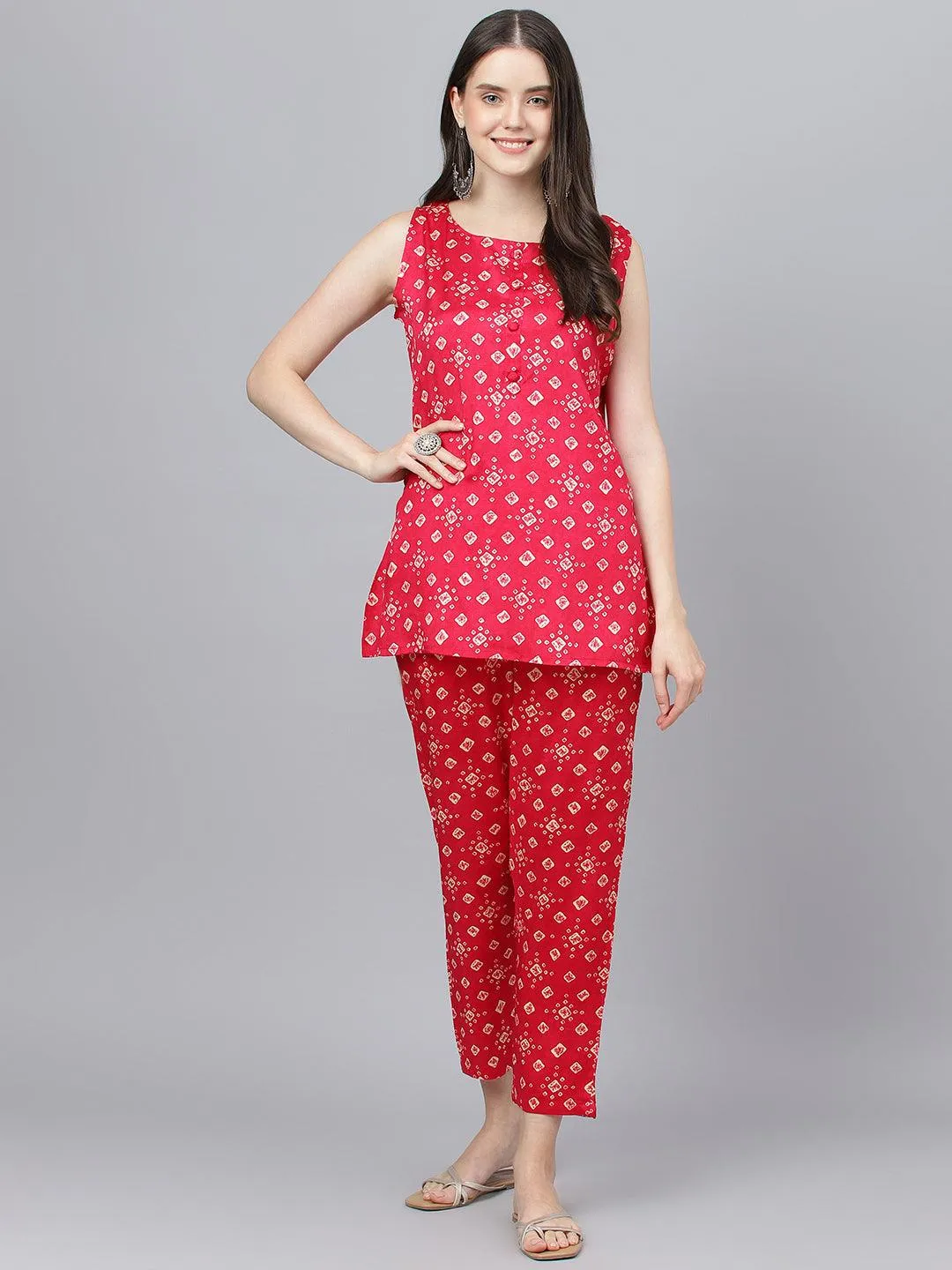 Divena Bandhani Megenta Muslin Three Piece Top Pant Set with Peplum Jecket