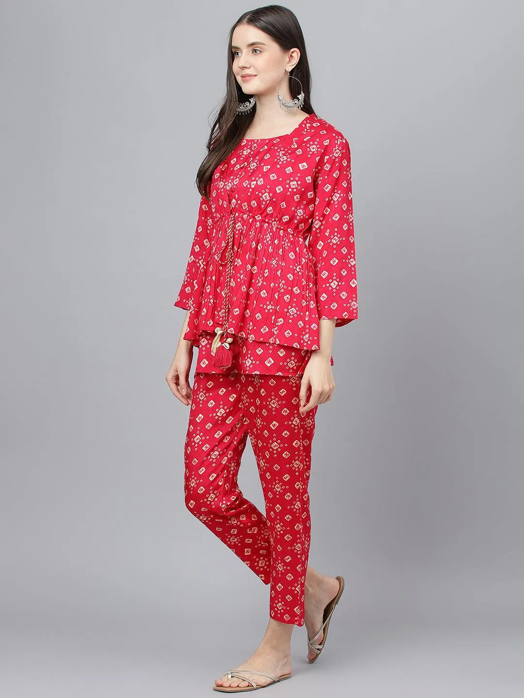 Divena Bandhani Megenta Muslin Three Piece Top Pant Set with Peplum Jecket