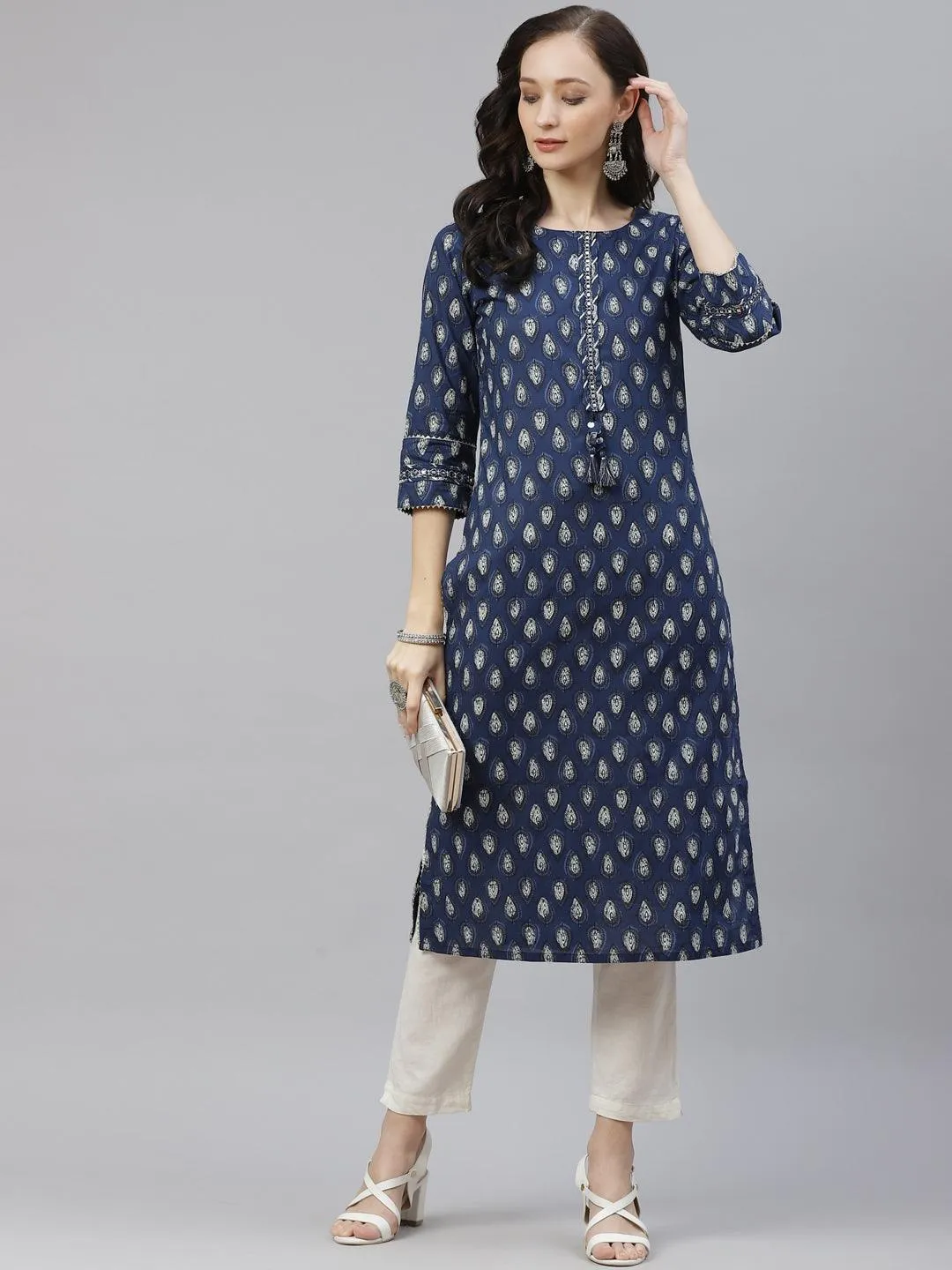 Divena Blue Booti Print Cotton Straight Kurti