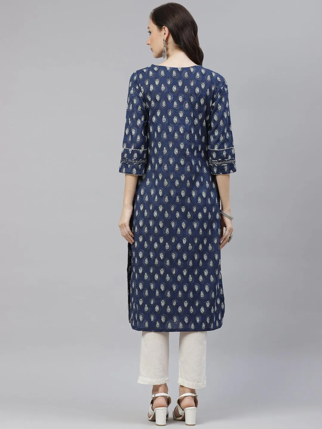 Divena Blue Booti Print Cotton Straight Kurti