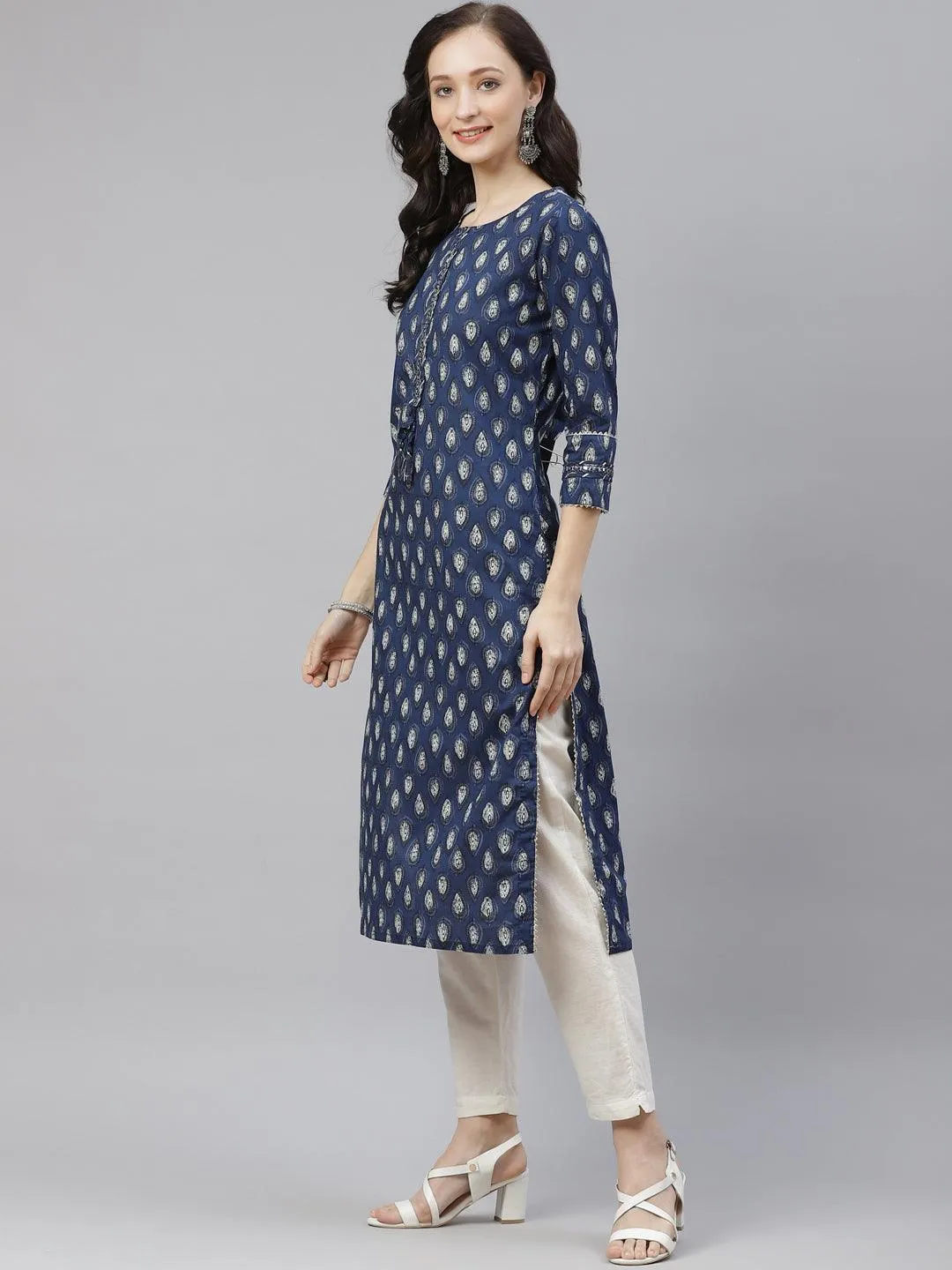 Divena Blue Booti Print Cotton Straight Kurti