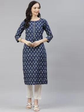 Divena Blue Booti Print Cotton Straight Kurti