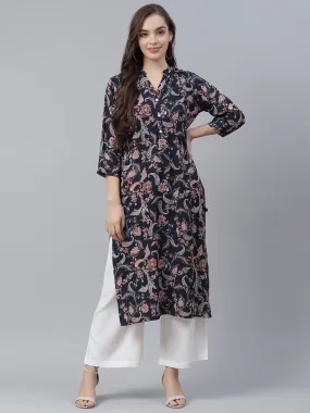 Divena Blue Printed Rayon Straight Kurti