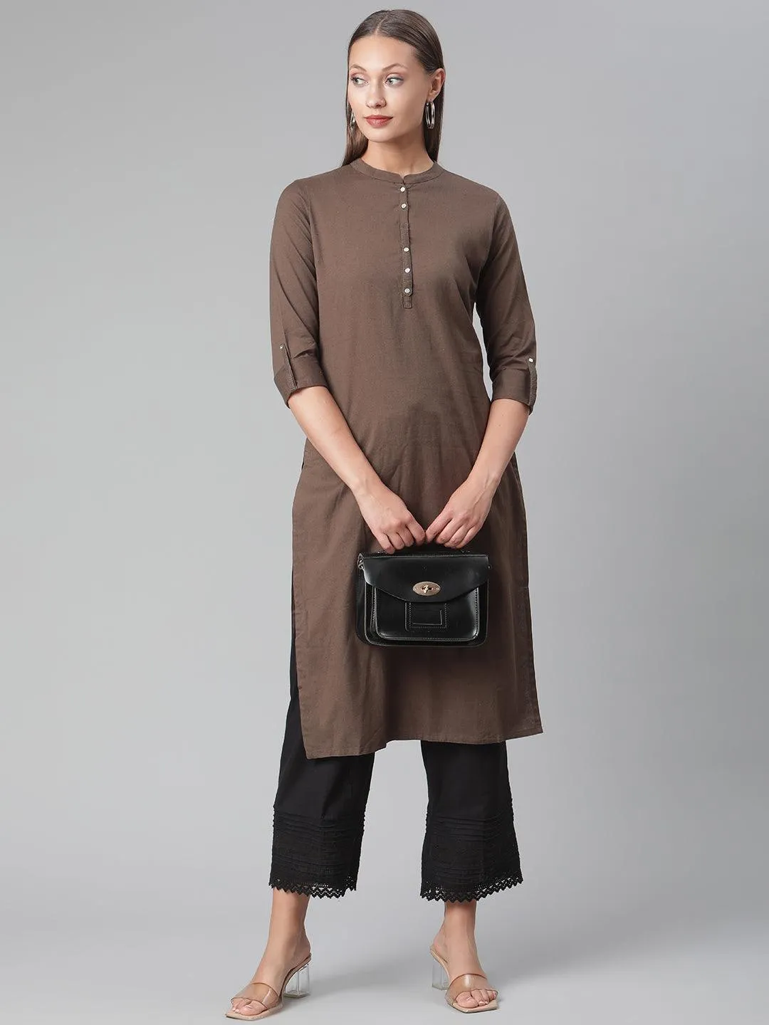 Divena Brown Cotton Straight Kurti