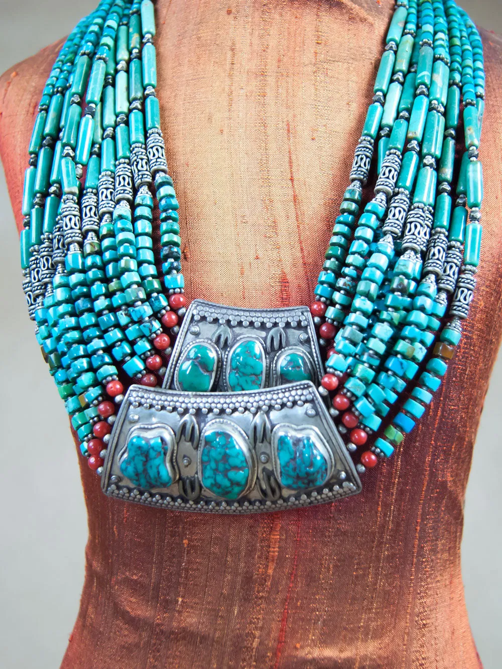 Double Turquoise beaded Sterling Silver Necklace