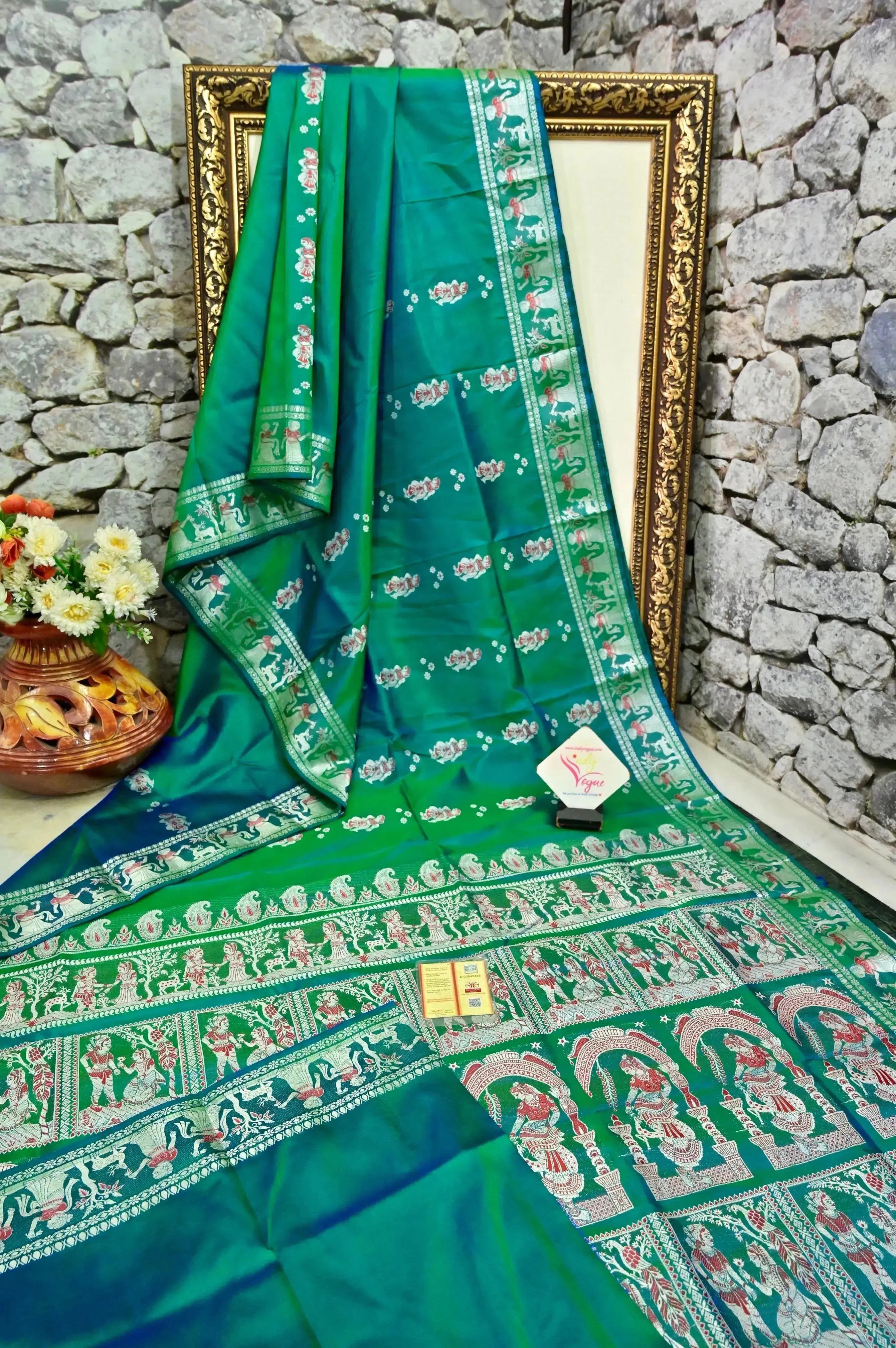 Dual Tone Green and Blue Color Pure Baluchari Silk Saree with Meenakari Work